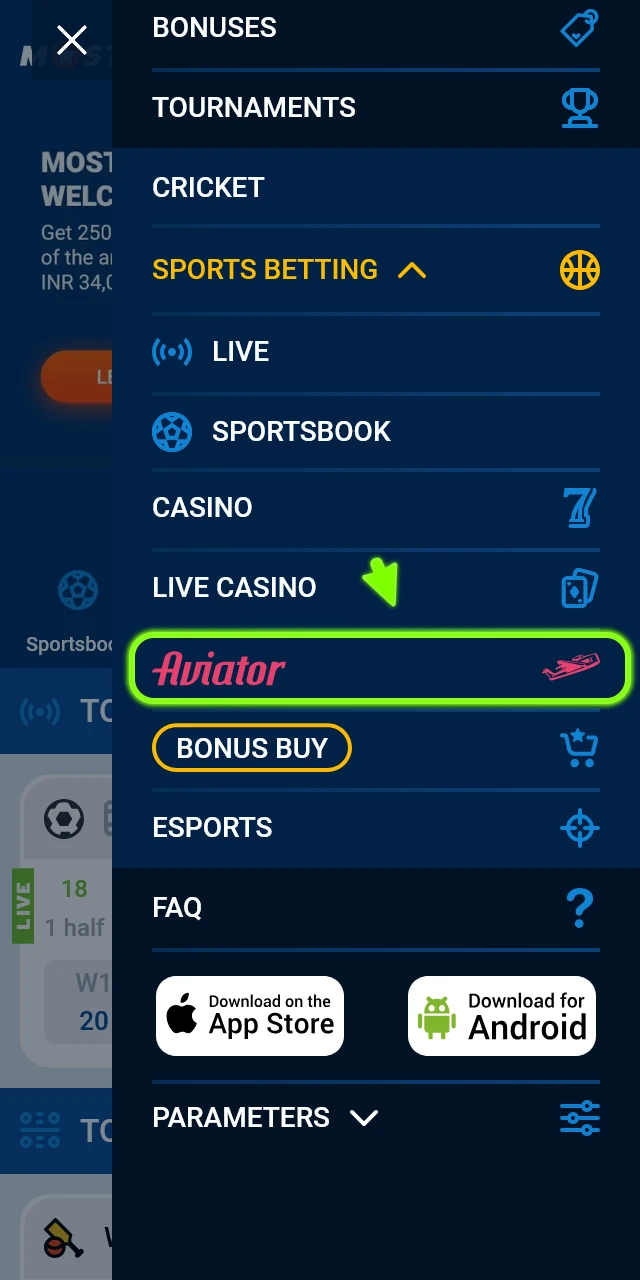 Find the Aviator game on Android and activate Mostbet bonuses.