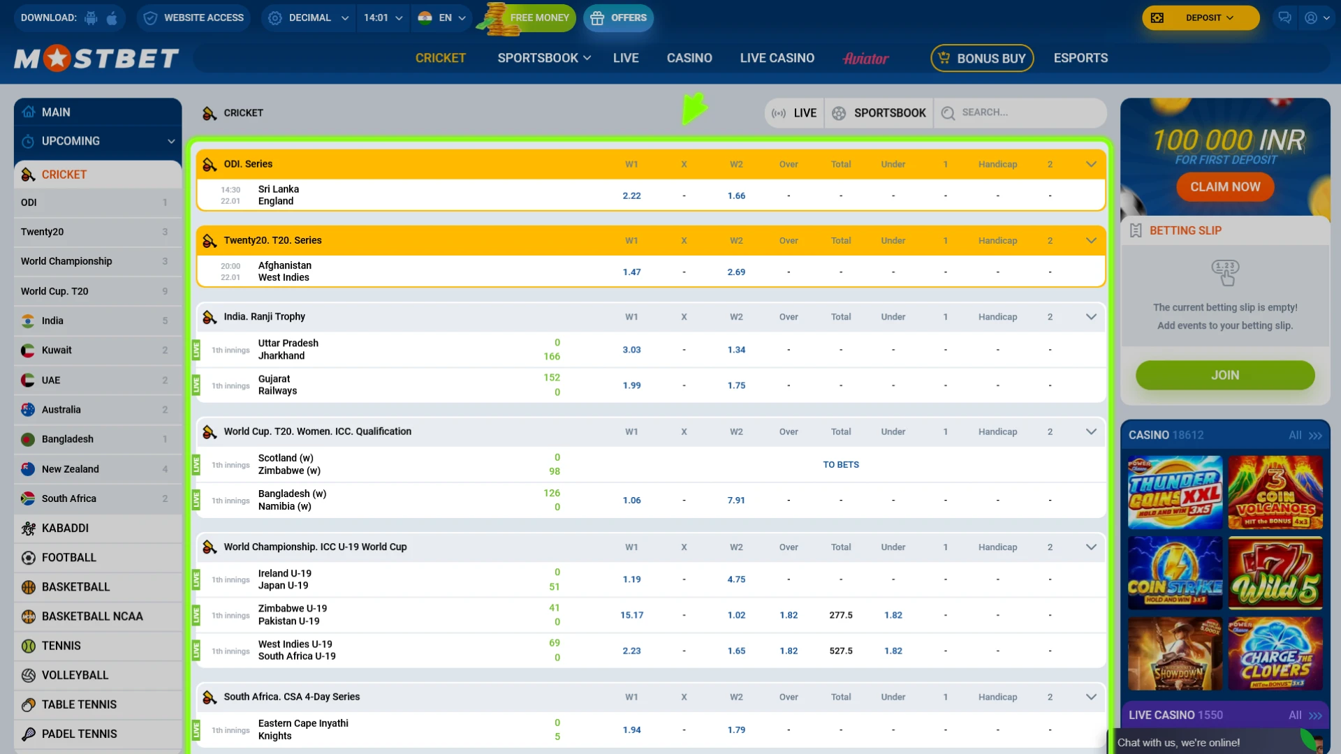 Choose a match and market within Mostbet cricket betting.