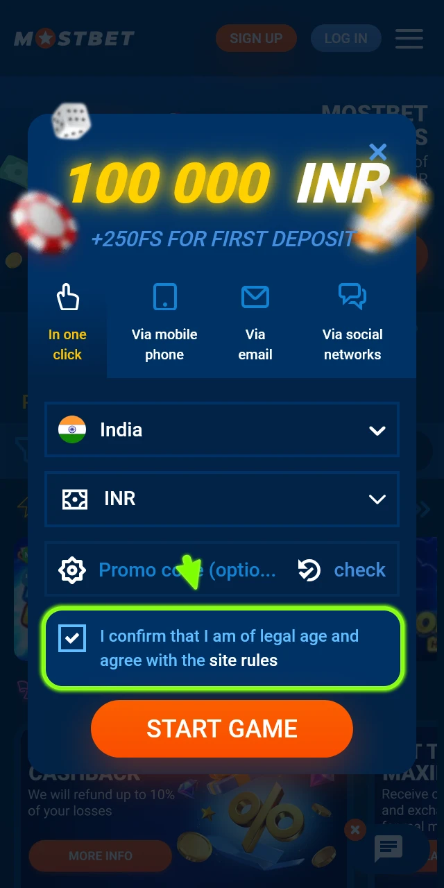Confirm your age and agree to rules to finish app registration at Mostbet.